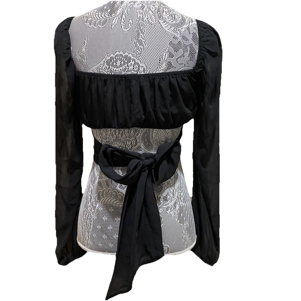 Blue Blush Crop Top S Black Tie Back Peasant Bodice Ruched Long Sleeve Shirt